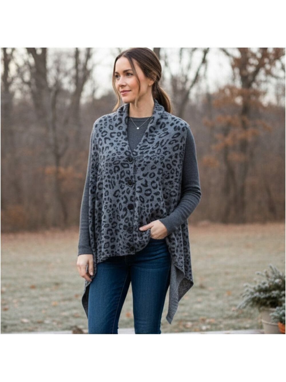 BCBGMaxazria S/M Waterfall Knit Wool Bld Sweater Vest Cardigan Poncho Cheetah